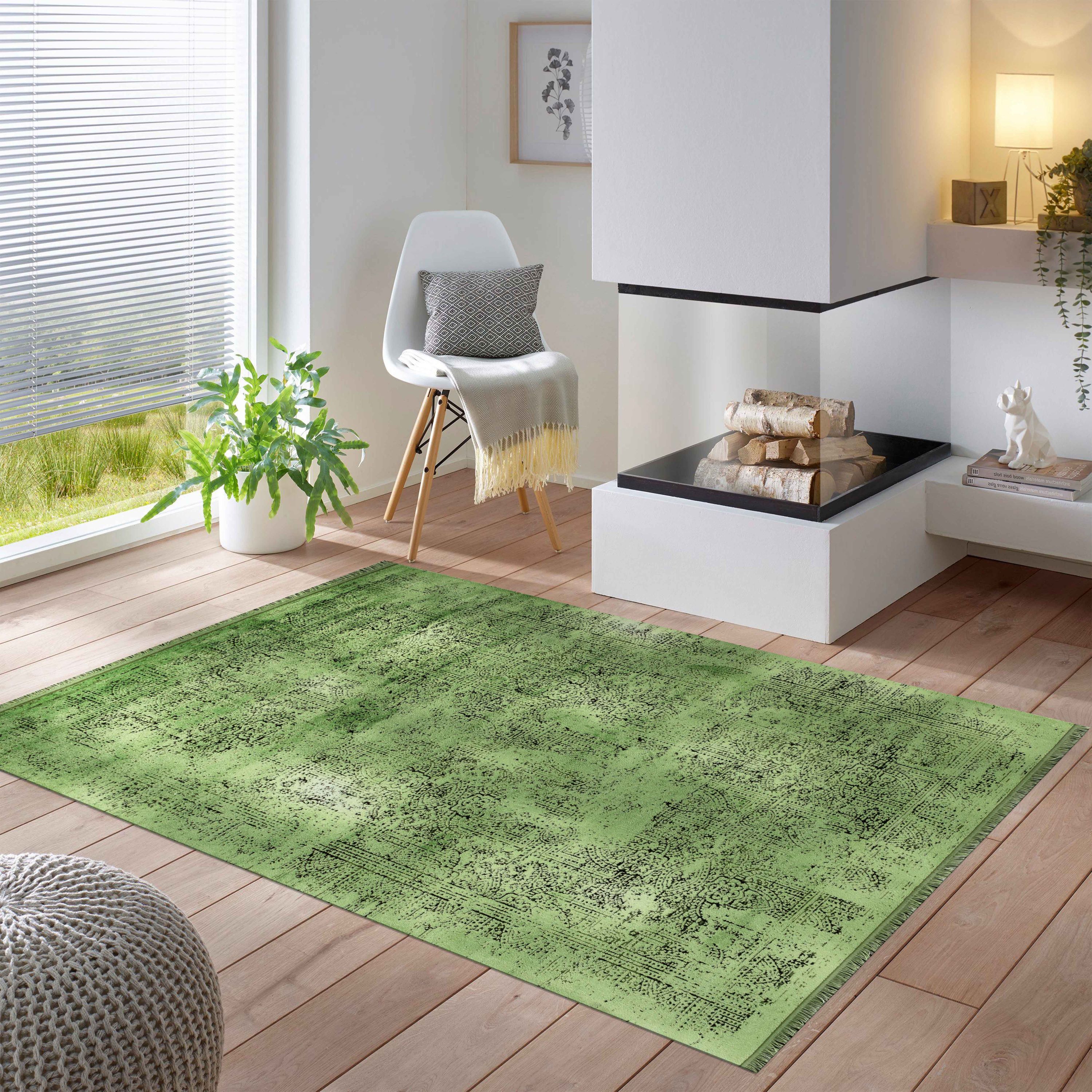 Kurzflor Dünner Teppich Vintage Design Grün viskose optik Teppich Wohn – Simpex24