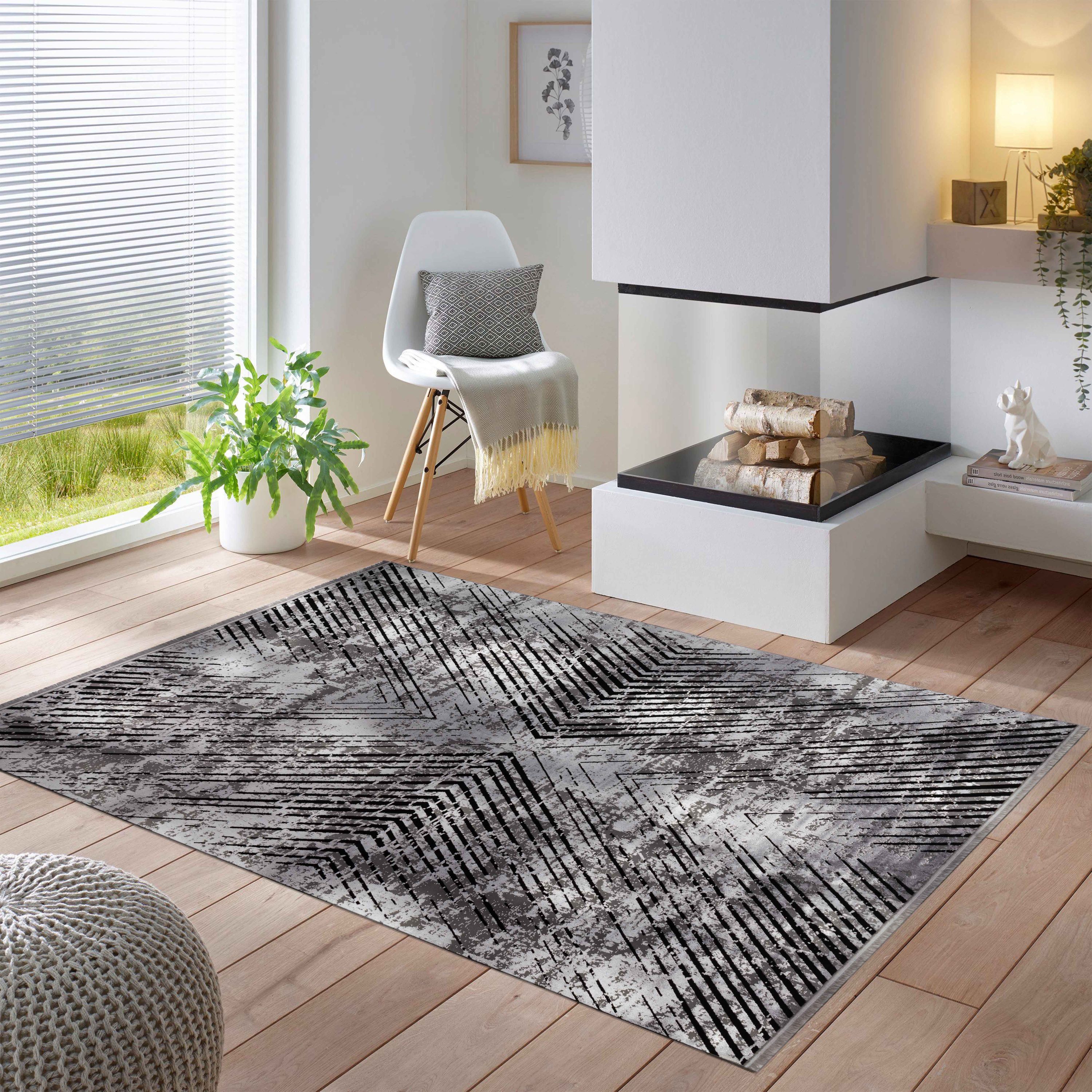 Kurzflor Dünner Teppich Vintage Design Grau viskose optik Teppich Wohn – Simpex24