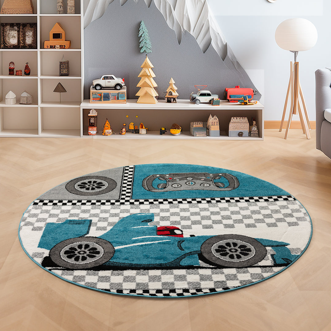 Teppich Kinderzimmer Rennwagen Design Blau Kurzflor Kinderteppich mädchen Spielteppich Modern Design Babyzimmer Teppiche für Junge und Mädchen Extra Weich und Antiallergen
