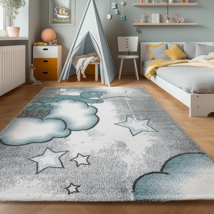 Teppich Kinderzimmer Bär-Himmel Wolken Sterne Design Kurzflor Kinderteppich mädchen Spielteppich Modern Design Babyzimmer Teppiche für Junge und Mädchen Extra Weich und Antiallergen