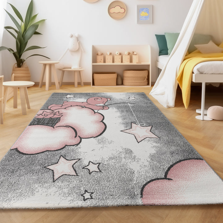 Teppich Kinderzimmer Bär-Himmel Wolken Sterne Design Kurzflor Kinderteppich mädchen Spielteppich Modern Design Babyzimmer Teppiche für Junge und Mädchen Extra Weich und Antiallergen