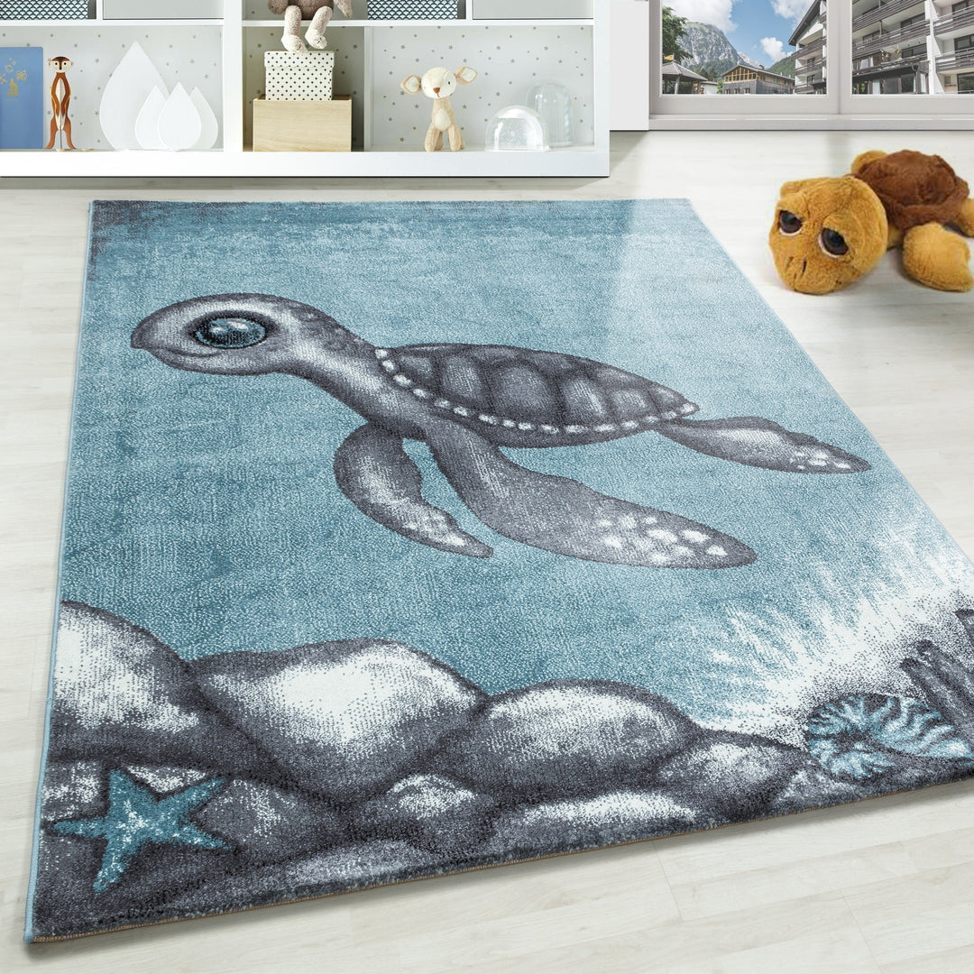 Kinderteppich Kinderzimmer Teppich Kurzflor Spielteppich Motiv Schildkröte Blau