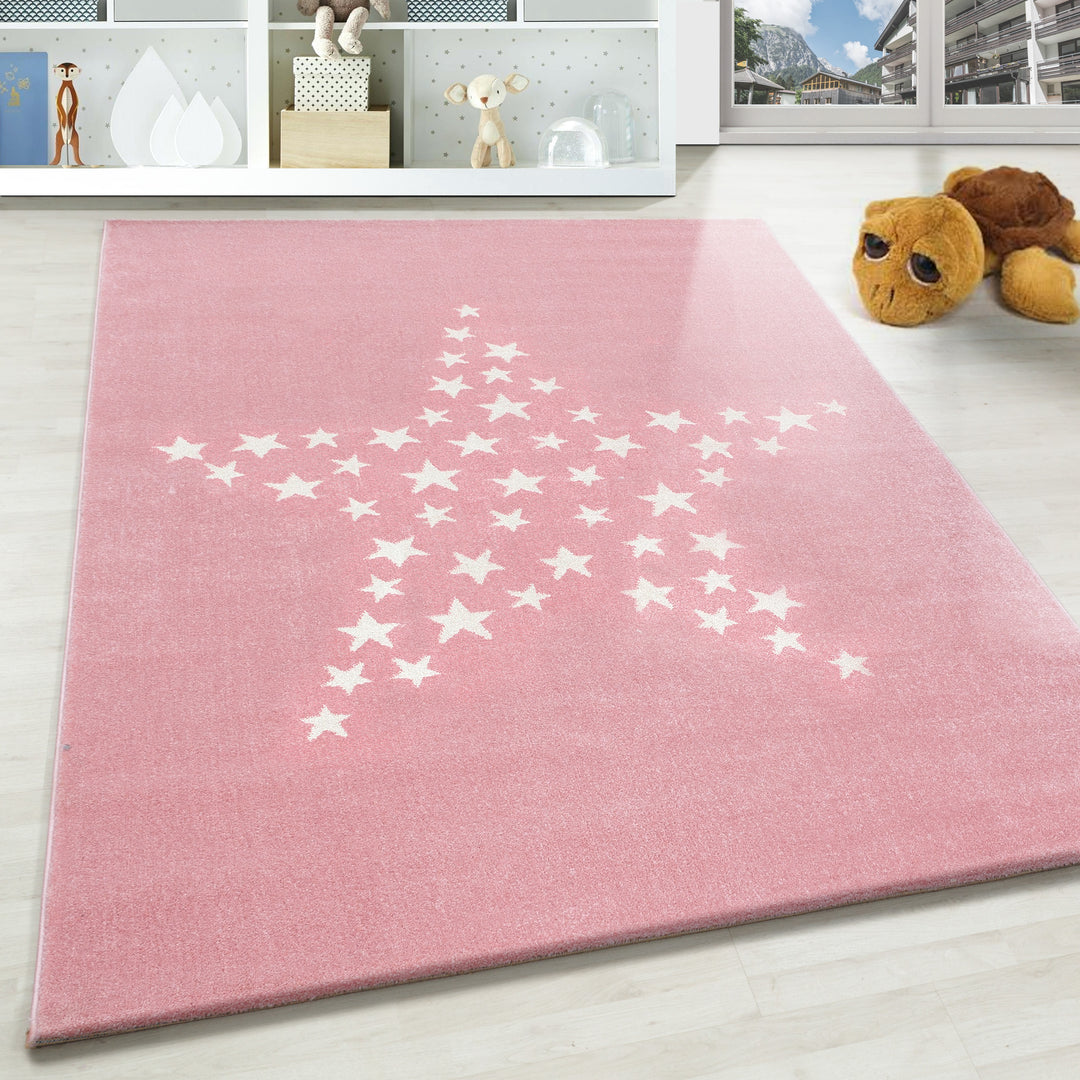 Kinderteppich Kinderzimmer Teppich Kurzflor Spielteppich Weich Stern Motiv Pink