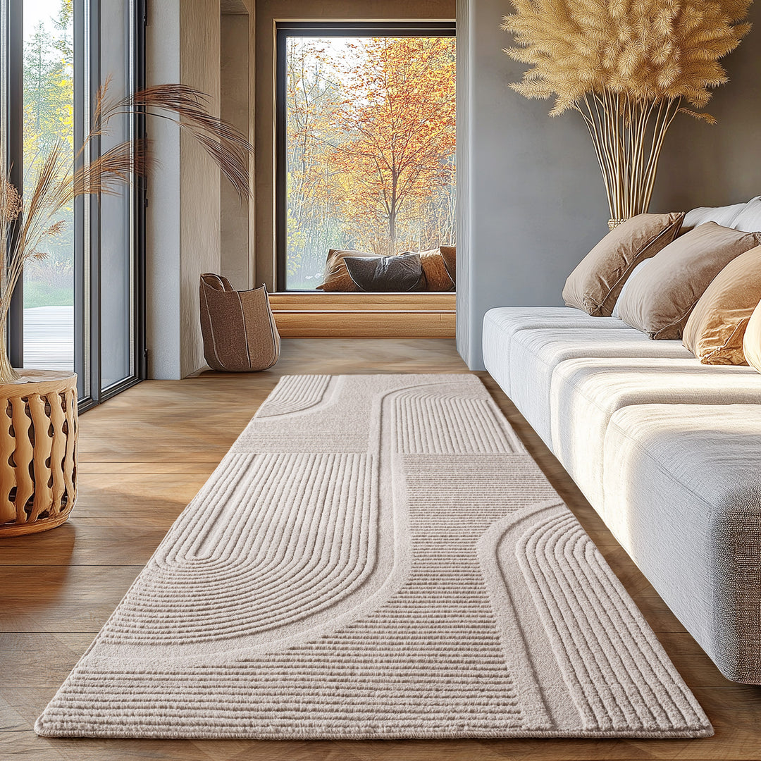 Simpex24 Einfarbiger Skandinavischer Boho Teppich Beige Creme, Weicher Waschbarer Deko Teppich mit 3D-Effekt, Pflegeleichter Läufer für Wohnzimmer und Schlafzimmer