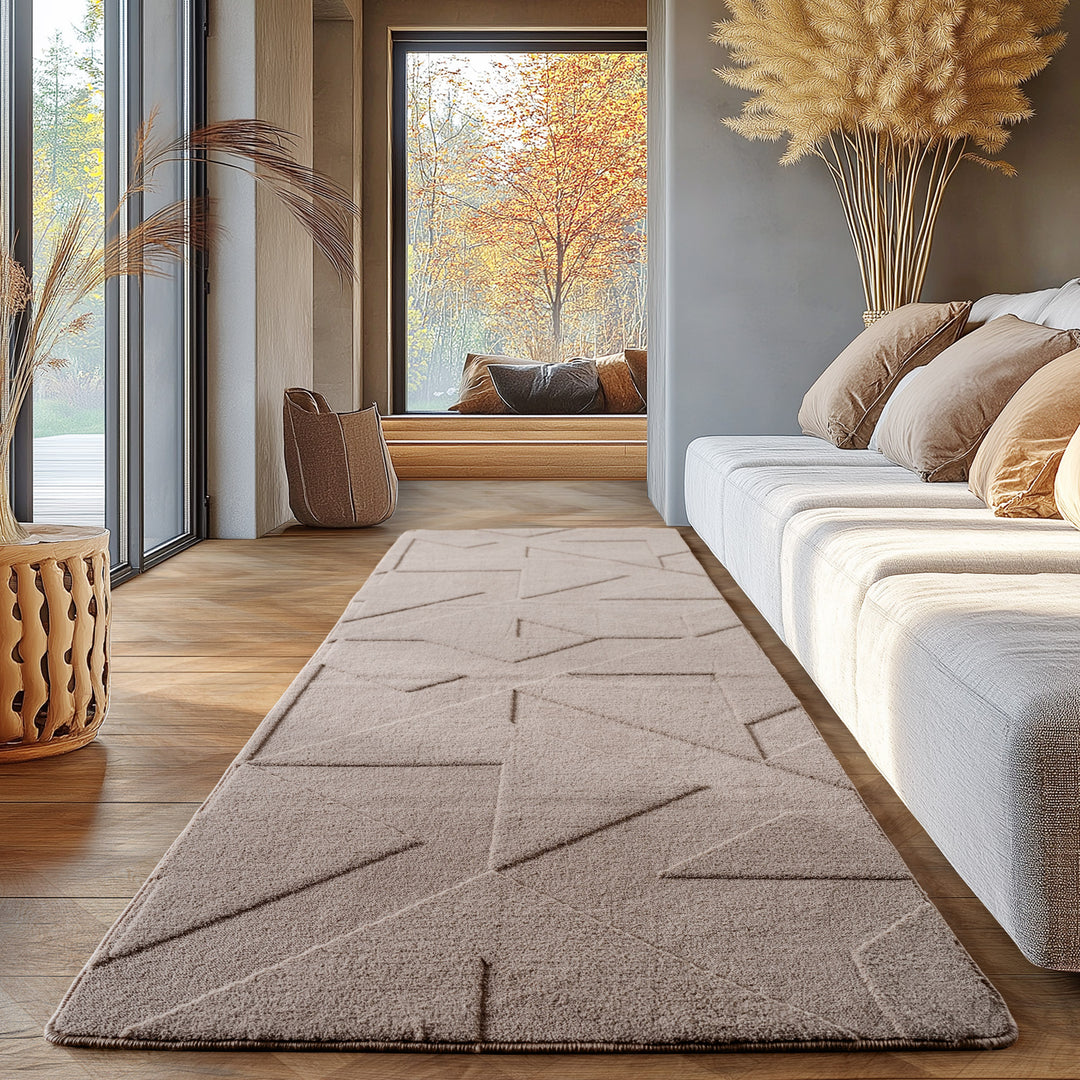 Simpex24 Boho Teppich mit Geometrischem Design, Einfarbig Beige - Creme, Weicher & Pflegeleichter Deko Teppich, Waschbarer Teppich mit 3D-Effekt für Wohnzimmer und Schlafzimmer