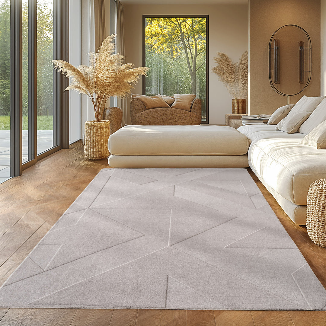 Simpex24 Boho Teppich mit Geometrischem Design, Einfarbig Beige - Creme, Weicher & Pflegeleichter Deko Teppich, Waschbarer Teppich mit 3D-Effekt für Wohnzimmer und Schlafzimmer