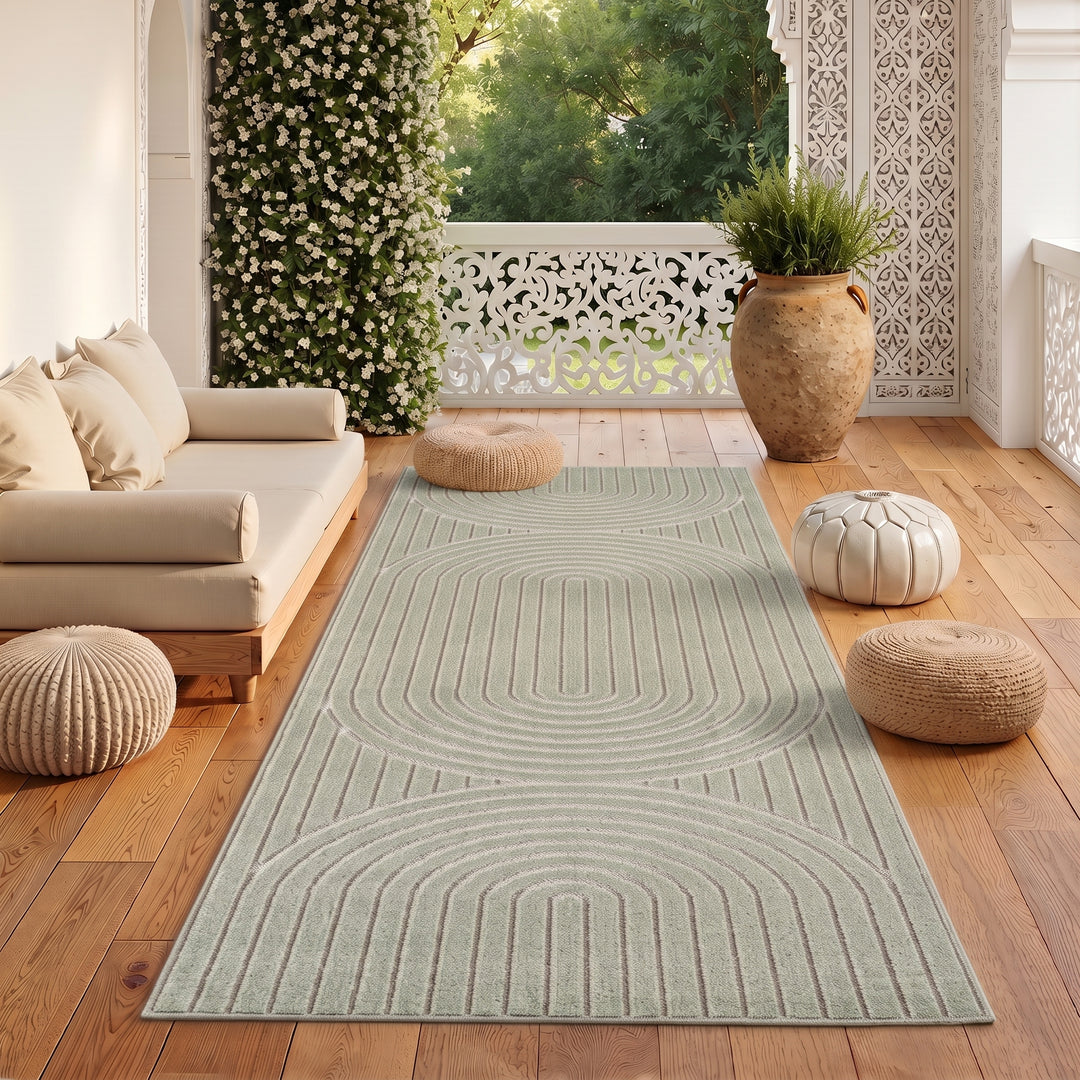 SIMPEX Kurzflor Teppich Wohnzimmer Schlafzimmer 3D Hoch-Tief-Effekt, Skandinavisch Boho Motiv, für Outdoor Bereich geeignet Terrassen oder im Balkon