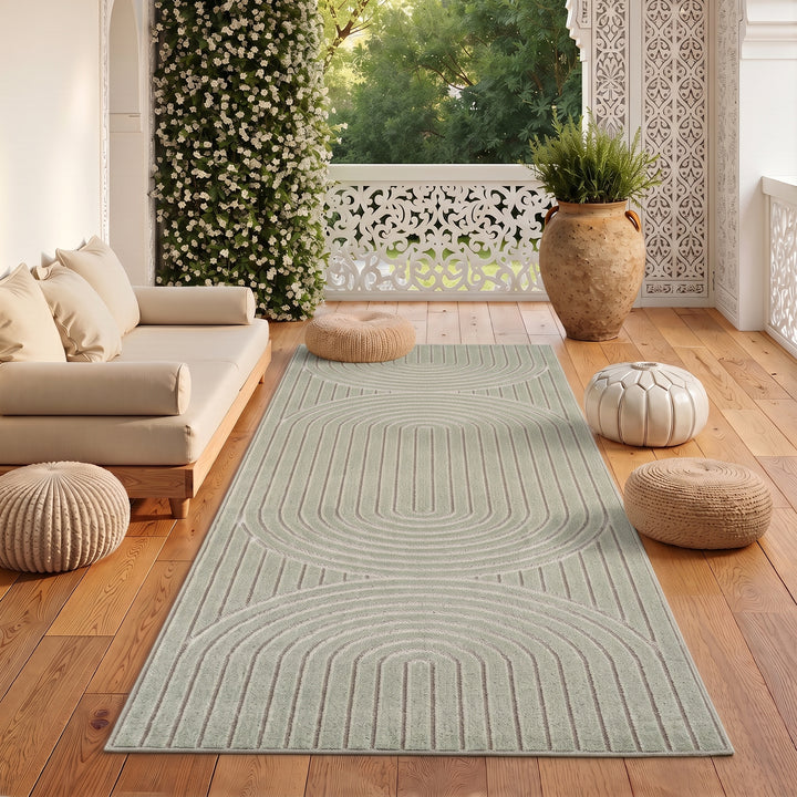 SIMPEX Kurzflor Teppich Wohnzimmer Schlafzimmer 3D Hoch-Tief-Effekt, Skandinavisch Boho Motiv, für Outdoor Bereich geeignet Terrassen oder im Balkon
