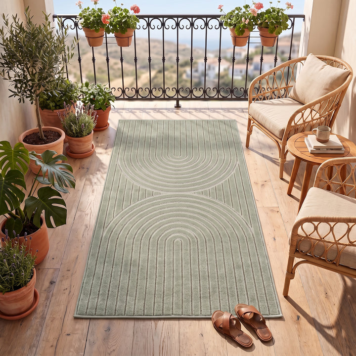 SIMPEX Kurzflor Teppich Wohnzimmer Schlafzimmer 3D Hoch-Tief-Effekt, Skandinavisch Boho Motiv, für Outdoor Bereich geeignet Terrassen oder im Balkon