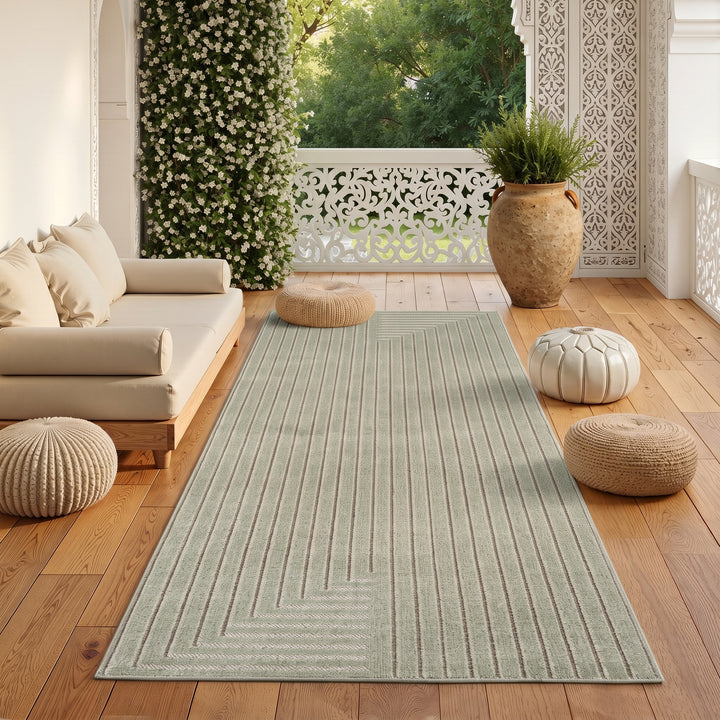 SIMPEX Kurzflor Teppich Wohnzimmer Schlafzimmer 3D Hoch-Tief-Effekt, Skandinavisch Boho Motiv, für Outdoor Bereich geeignet Terrassen oder im Balkon