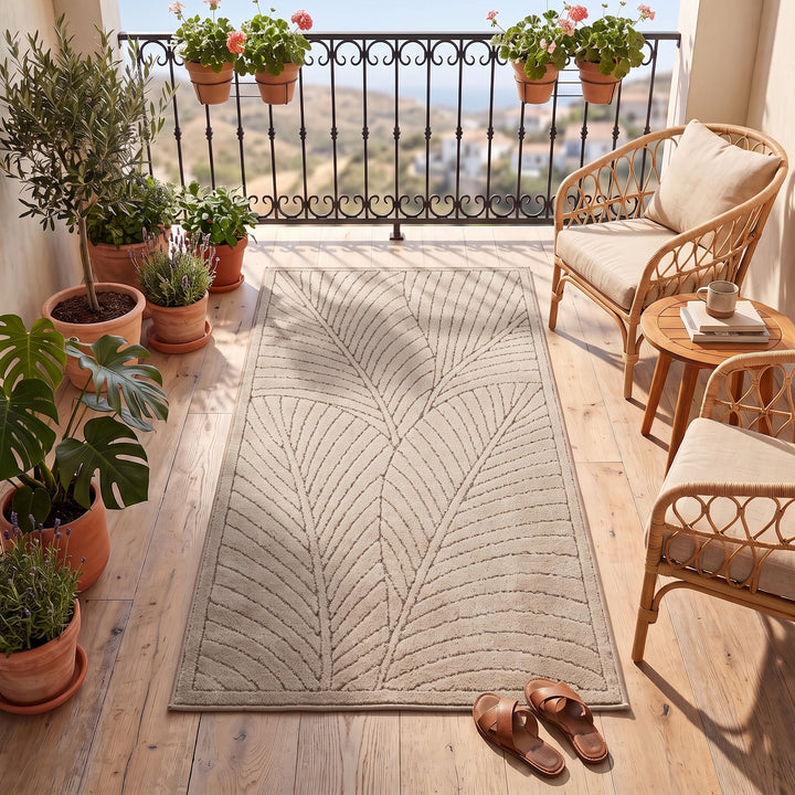 SIMPEX Kurzflor Teppich Wohnzimmer Schlafzimmer 3D Hoch-Tief-Effekt, Skandinavisch Boho Motiv, für Outdoor Bereich geeignet Terrassen oder im Balkon