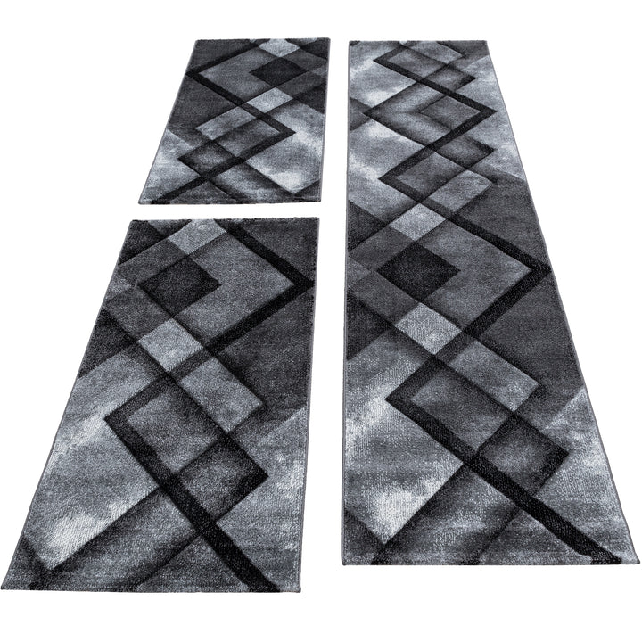 Bettumrandung Läufer Teppich Modern Designer Läuferset Kariert Linien Muster 3 Teilig Schwarz Grau Weiß