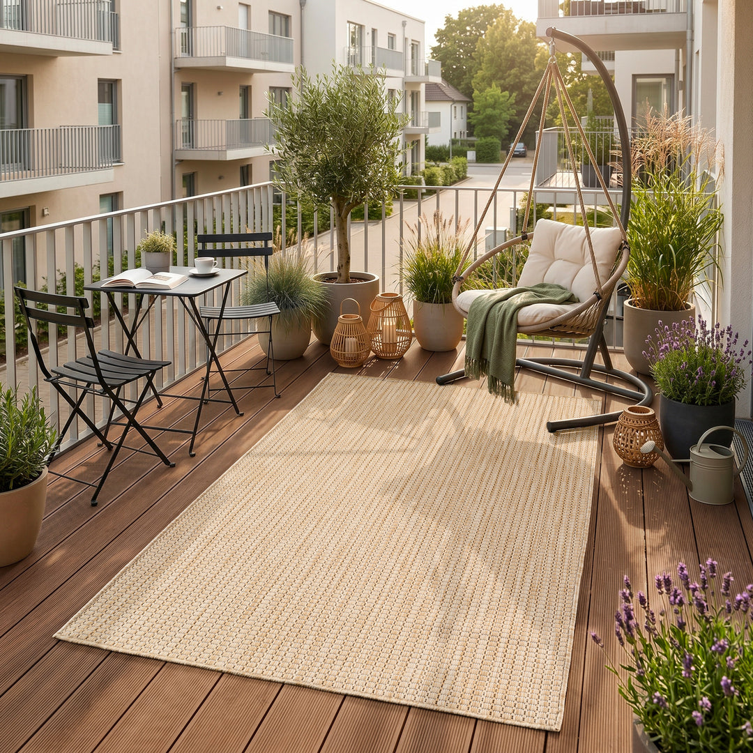 SIMPEX Outdoor Teppich Beige Balkon Terrasse Garten Wetterfest UV-beständig Teppich Einfarbig Flachgewebe Pflegeleicht Robust Modern