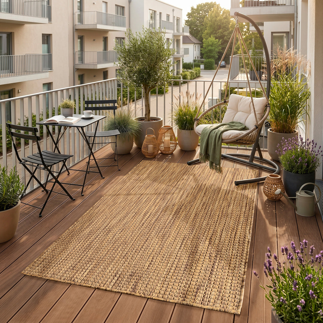 SIMPEX Outdoor Teppich Beige Balkon Terrasse Garten Wetterfest UV-beständig Teppich Einfarbig Flachgewebe Pflegeleicht Robust Modern