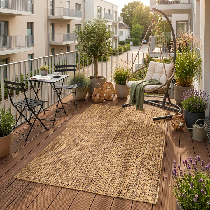 SIMPEX Outdoor Teppich Beige Balkon Terrasse Garten Wetterfest UV-beständig Teppich Einfarbig Flachgewebe Pflegeleicht Robust Modern