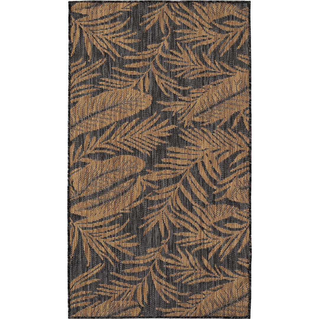 SIMPEX Outdoor Teppich Schwarz Natur Jute Optik Balkon Terrasse Garten Wetterfest UV-beständig Groß Palmblatt Flachgewebe Pflegeleicht Robust Modern