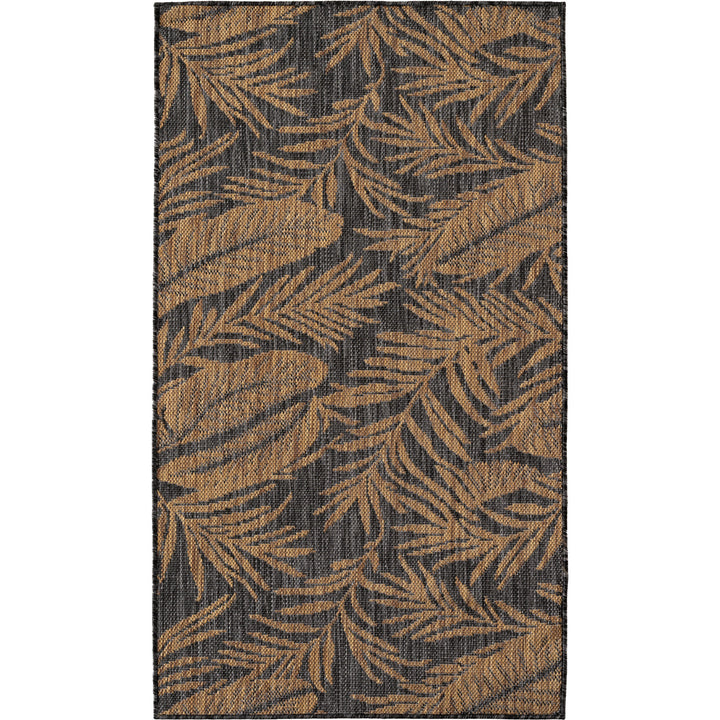 SIMPEX Outdoor Teppich Schwarz Natur Jute Optik Balkon Terrasse Garten Wetterfest UV-beständig Groß Palmblatt Flachgewebe Pflegeleicht Robust Modern