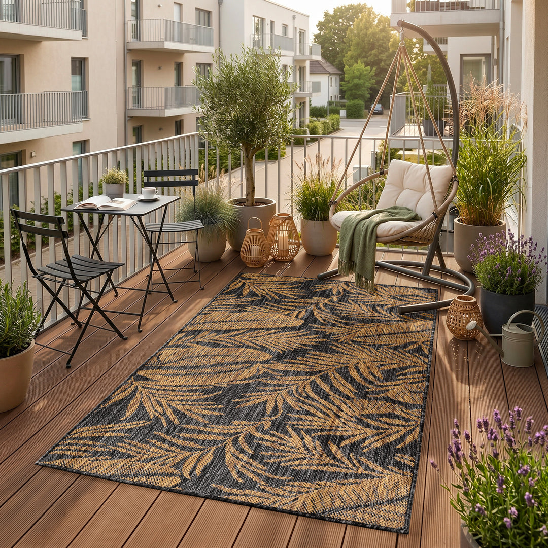 SIMPEX Outdoor Teppich Schwarz Natur Jute Optik Balkon Terrasse Garten Wetterfest UV-beständig Groß Palmblatt Flachgewebe Pflegeleicht Robust Modern
