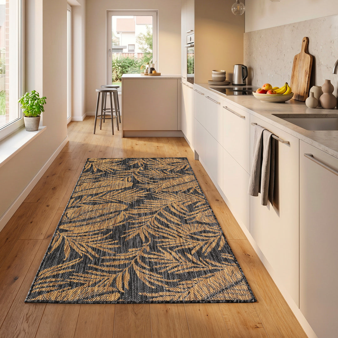 SIMPEX Outdoor Teppich Schwarz Natur Jute Optik Balkon Terrasse Garten Wetterfest UV-beständig Groß Palmblatt Flachgewebe Pflegeleicht Robust Modern