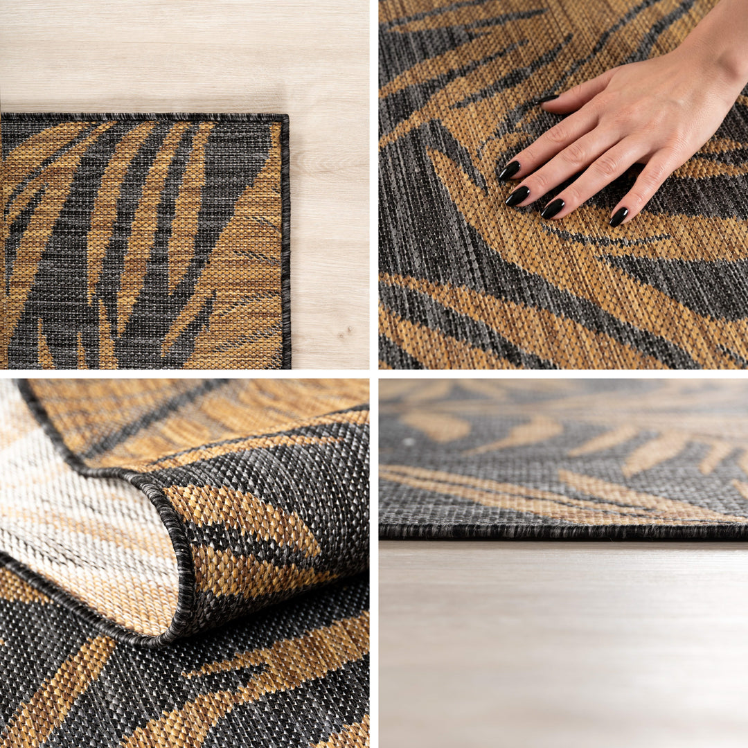 SIMPEX Outdoor Teppich Schwarz Natur Jute Optik Balkon Terrasse Garten Wetterfest UV-beständig Groß Palmblatt Flachgewebe Pflegeleicht Robust Modern