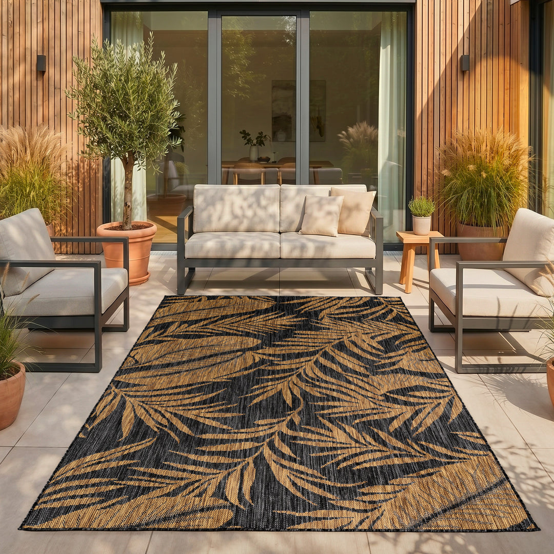 SIMPEX Outdoor Teppich Schwarz Natur Jute Optik Balkon Terrasse Garten Wetterfest UV-beständig Groß Palmblatt Flachgewebe Pflegeleicht Robust Modern