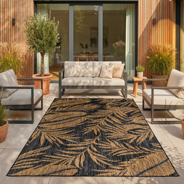 SIMPEX Outdoor Teppich Schwarz Natur Jute Optik Balkon Terrasse Garten Wetterfest UV-beständig Groß Palmblatt Flachgewebe Pflegeleicht Robust Modern