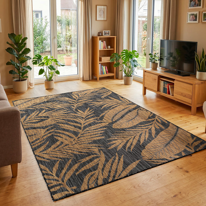 SIMPEX Outdoor Teppich Schwarz Natur Jute Optik Balkon Terrasse Garten Wetterfest UV-beständig Groß Palmblatt Flachgewebe Pflegeleicht Robust Modern