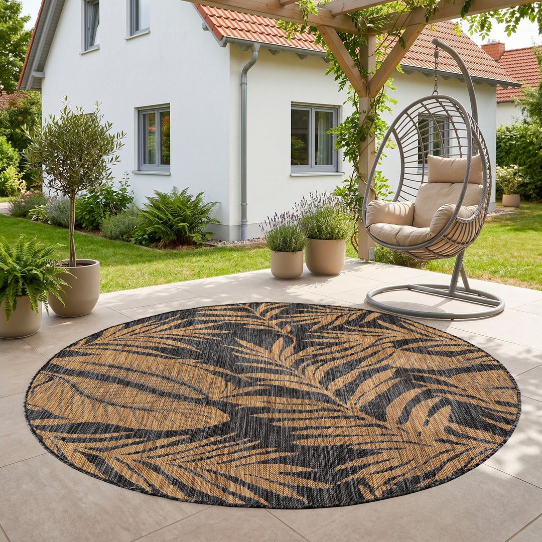 SIMPEX Outdoor Teppich Schwarz Natur Jute Optik Balkon Terrasse Garten Wetterfest UV-beständig Groß Palmblatt Flachgewebe Pflegeleicht Robust Modern