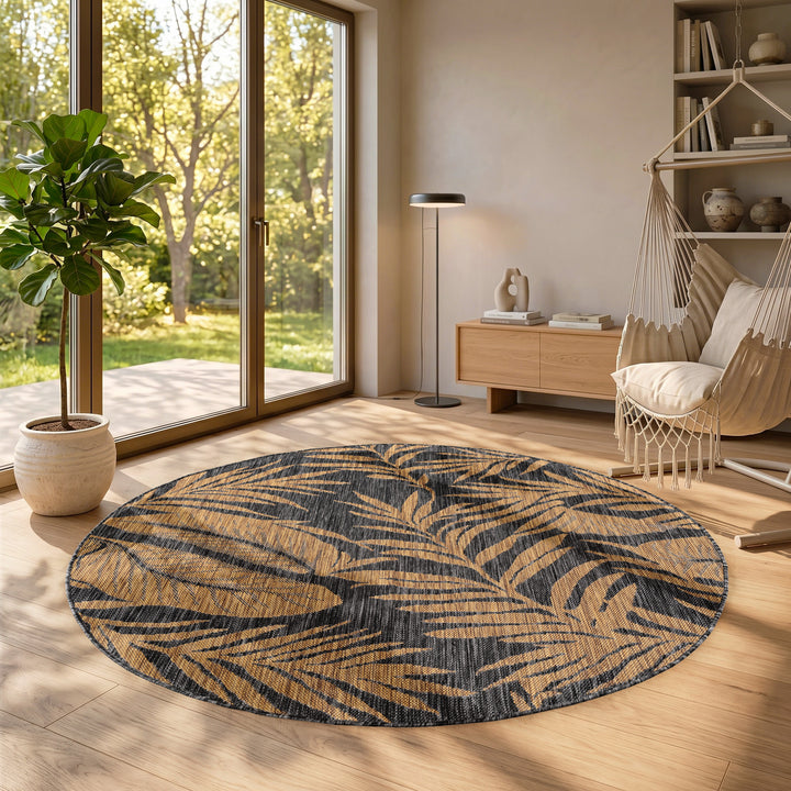 SIMPEX Outdoor Teppich Schwarz Natur Jute Optik Balkon Terrasse Garten Wetterfest UV-beständig Groß Palmblatt Flachgewebe Pflegeleicht Robust Modern