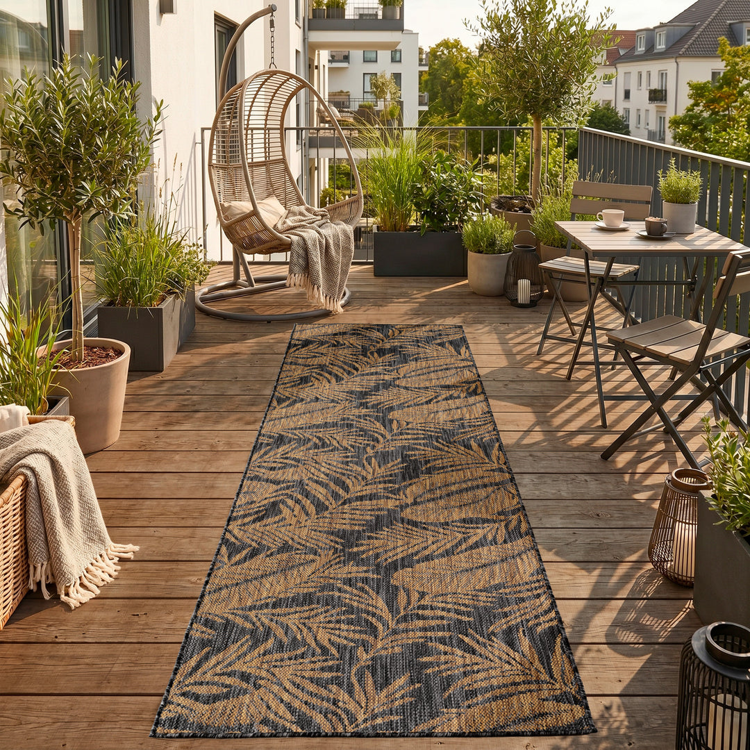 SIMPEX Outdoor Teppich Schwarz Natur Jute Optik Balkon Terrasse Garten Wetterfest UV-beständig Groß Palmblatt Flachgewebe Pflegeleicht Robust Modern