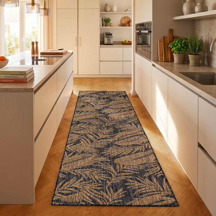 SIMPEX Outdoor Teppich Schwarz Natur Jute Optik Balkon Terrasse Garten Wetterfest UV-beständig Groß Palmblatt Flachgewebe Pflegeleicht Robust Modern