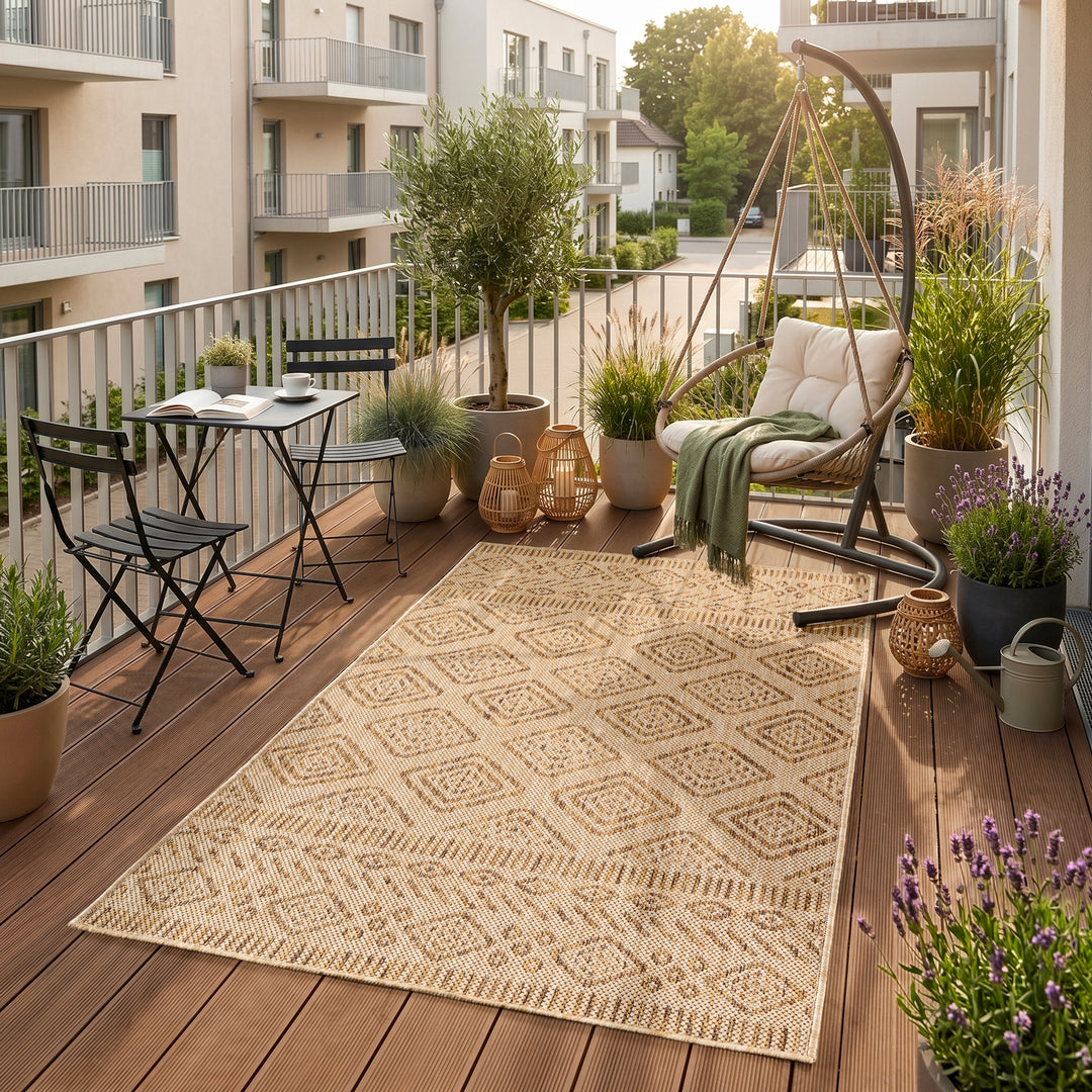 SIMPEX Outdoor Teppich Beige Jute Optik Balkon Terrasse Garten Wetterfest UV-beständig Groß Rauten Design Flachgewebe Pflegeleicht Robust Modern