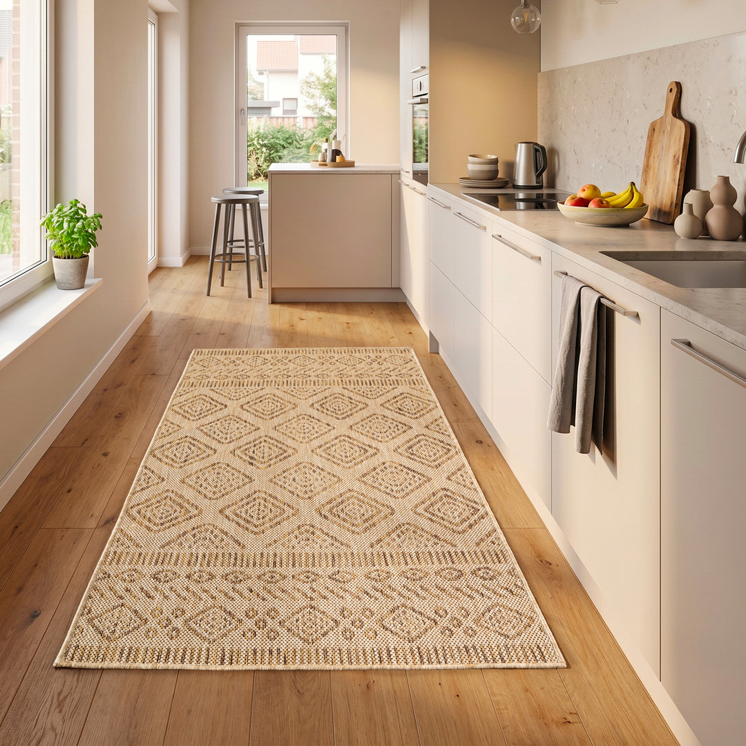SIMPEX Outdoor Teppich Beige Jute Optik Balkon Terrasse Garten Wetterfest UV-beständig Groß Rauten Design Flachgewebe Pflegeleicht Robust Modern