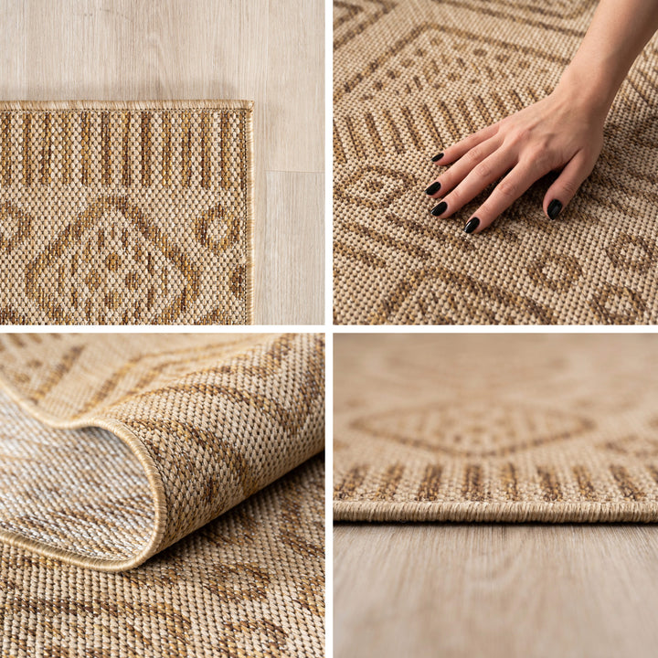 SIMPEX Outdoor Teppich Beige Jute Optik Balkon Terrasse Garten Wetterfest UV-beständig Groß Rauten Design Flachgewebe Pflegeleicht Robust Modern