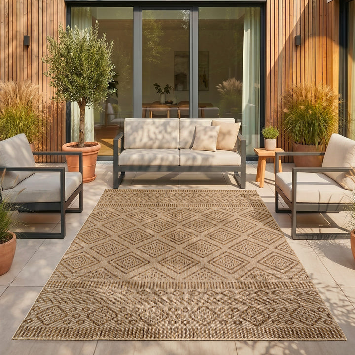 SIMPEX Outdoor Teppich Beige Jute Optik Balkon Terrasse Garten Wetterfest UV-beständig Groß Rauten Design Flachgewebe Pflegeleicht Robust Modern