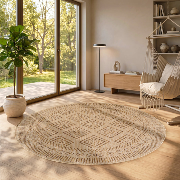 SIMPEX Outdoor Teppich Beige Jute Optik Balkon Terrasse Garten Wetterfest UV-beständig Groß Rauten Design Flachgewebe Pflegeleicht Robust Modern