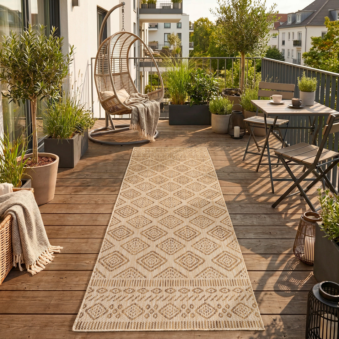 SIMPEX Outdoor Teppich Beige Jute Optik Balkon Terrasse Garten Wetterfest UV-beständig Groß Rauten Design Flachgewebe Pflegeleicht Robust Modern