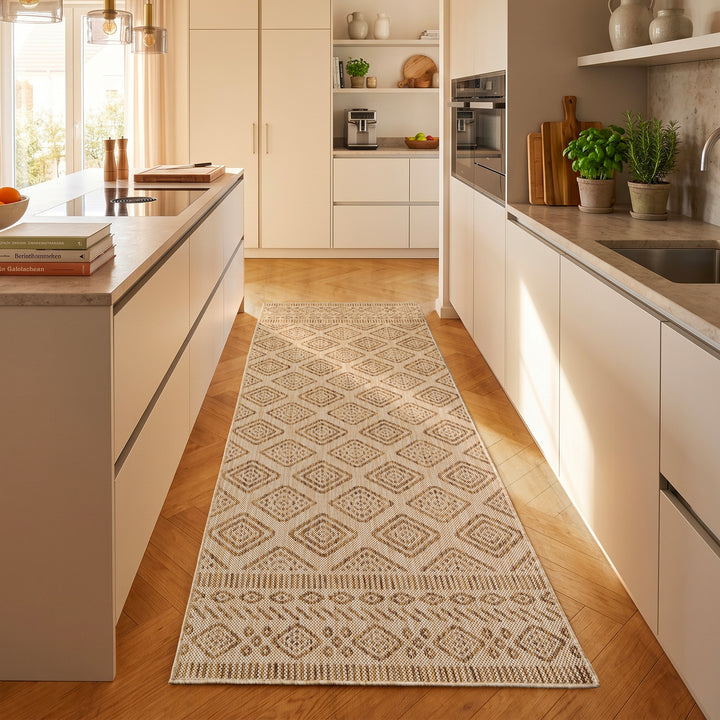 SIMPEX Outdoor Teppich Beige Jute Optik Balkon Terrasse Garten Wetterfest UV-beständig Groß Rauten Design Flachgewebe Pflegeleicht Robust Modern
