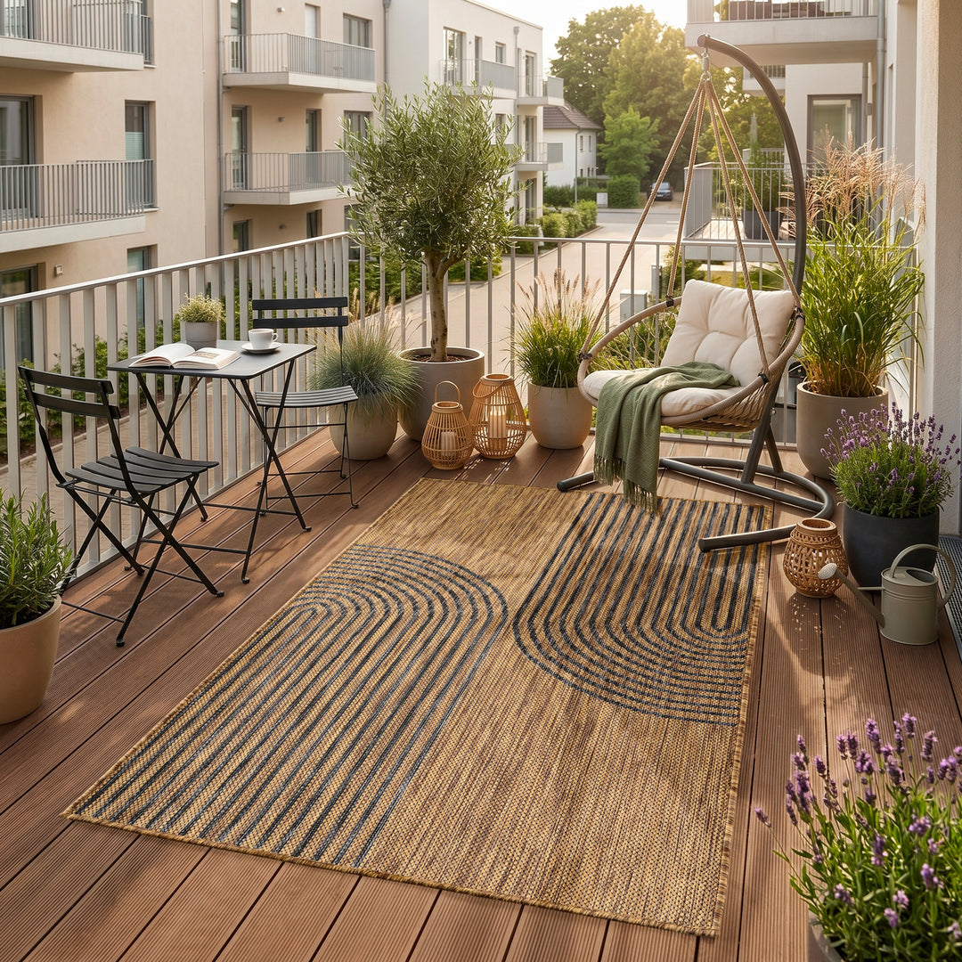 SIMPEX Outdoor Teppich Schwarz Natur Jute Optik Balkon Terrasse Garten Wetterfest UV-beständig Groß Boho Design Flachgewebe Pflegeleicht Robust Modern