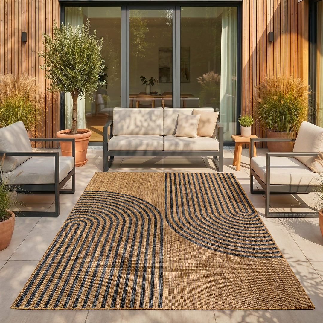 SIMPEX Outdoor Teppich Schwarz Natur Jute Optik Balkon Terrasse Garten Wetterfest UV-beständig Groß Boho Design Flachgewebe Pflegeleicht Robust Modern