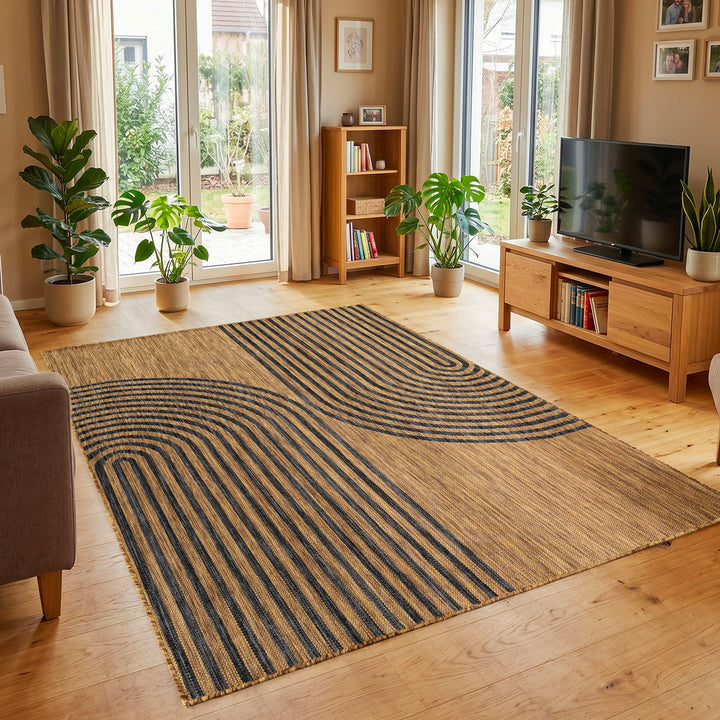 SIMPEX Outdoor Teppich Schwarz Natur Jute Optik Balkon Terrasse Garten Wetterfest UV-beständig Groß Boho Design Flachgewebe Pflegeleicht Robust Modern