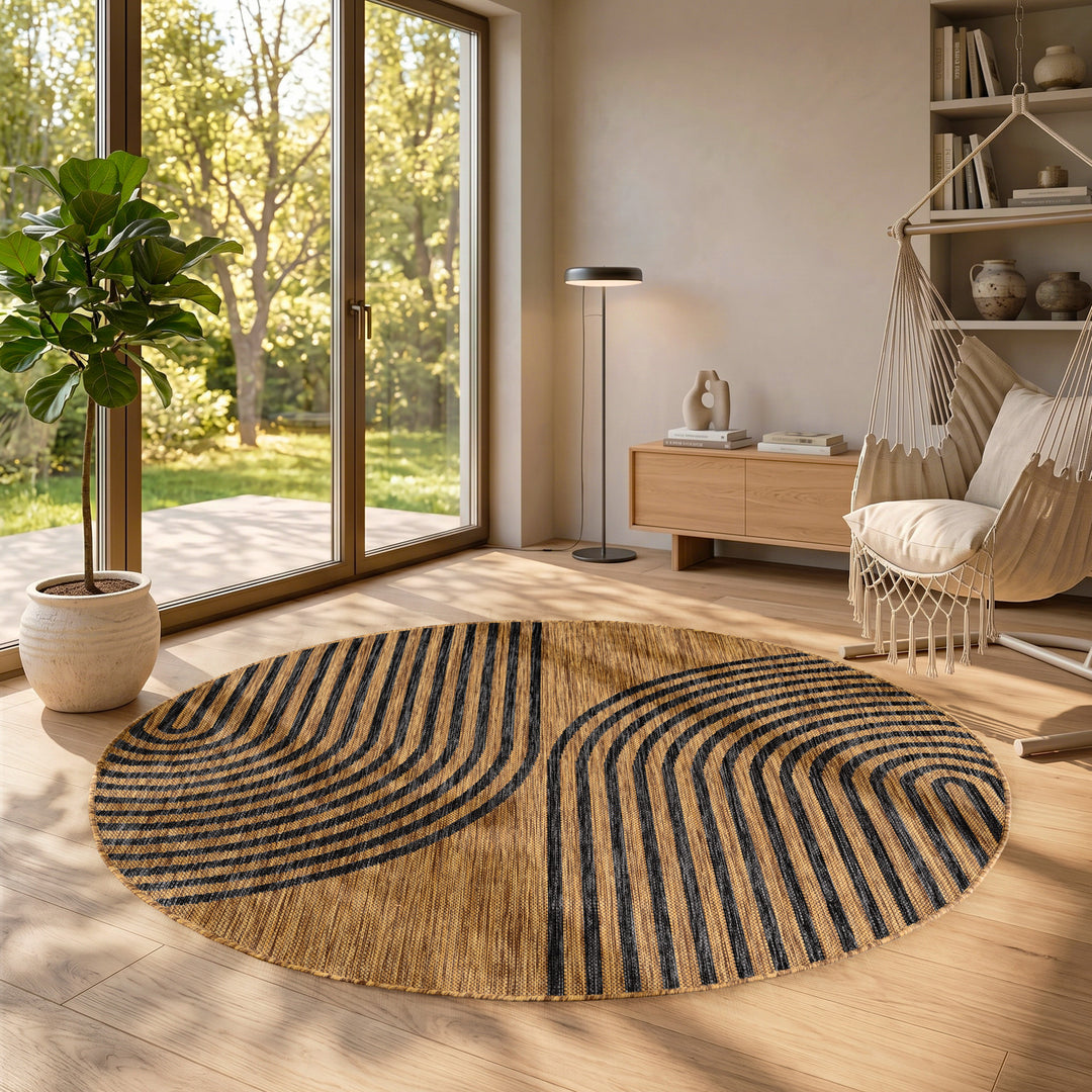 SIMPEX Outdoor Teppich Schwarz Natur Jute Optik Balkon Terrasse Garten Wetterfest UV-beständig Groß Boho Design Flachgewebe Pflegeleicht Robust Modern