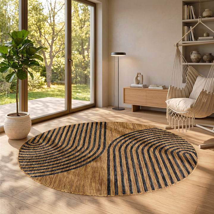 SIMPEX Outdoor Teppich Schwarz Natur Jute Optik Balkon Terrasse Garten Wetterfest UV-beständig Groß Boho Design Flachgewebe Pflegeleicht Robust Modern