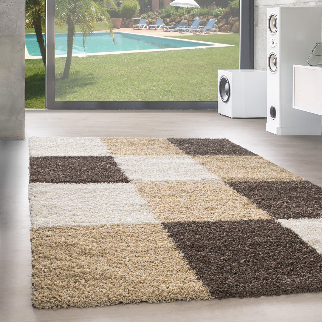 High-pile carpet CARO living room shaggy long-pile check design