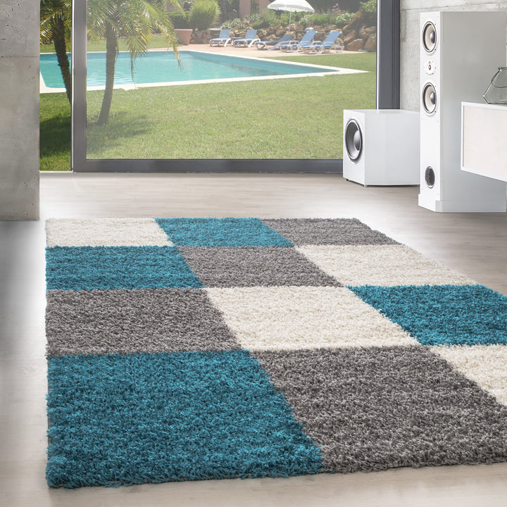 High-pile carpet CARO living room shaggy long-pile check design