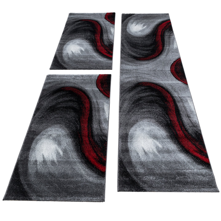 Bettumrandung Teppich abstrakt Wellen Muster 3 teilig Läufer Set Schlafzimmer Flur Grau Schwarz Rot meliert
