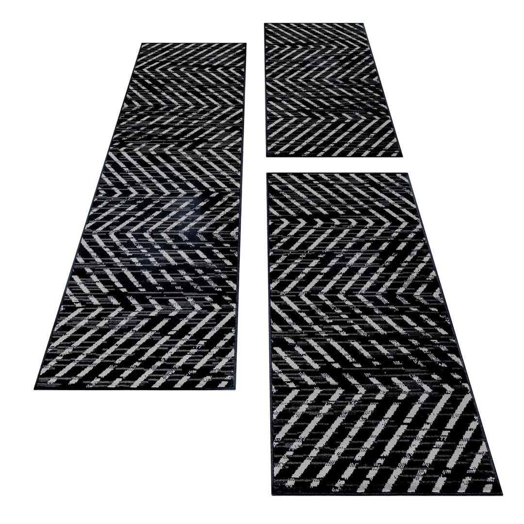 Teppich Läufer Set Schlafzimmer Kurzflor Weich Bettumrandung 3 Teile Schwarz