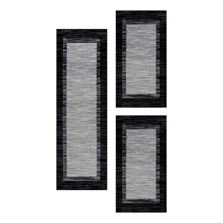 Teppich Läufer Set Schlafzimmer Kurzflor Weich Bettumrandung Schwarz Bordüre