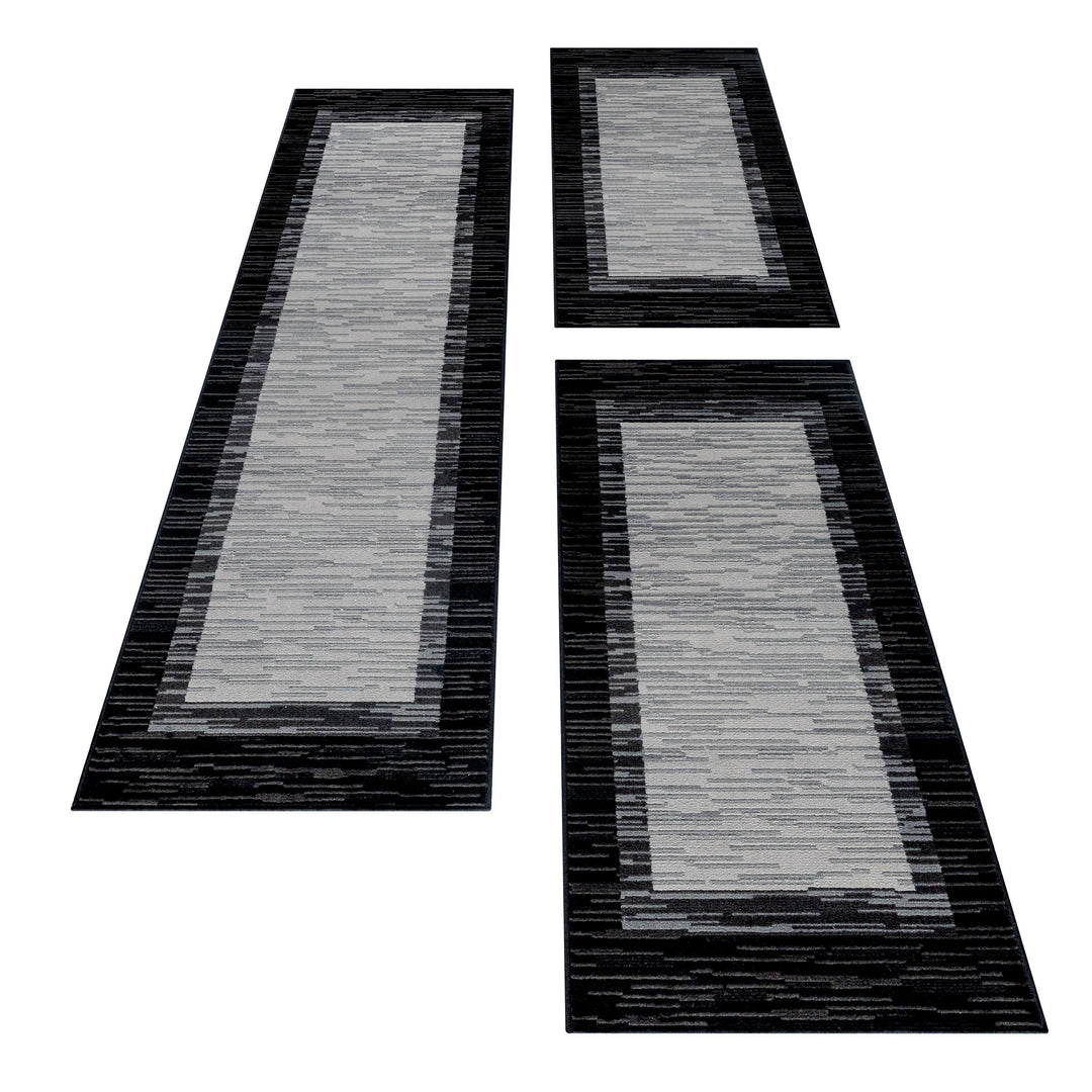 Teppich Läufer Set Schlafzimmer Kurzflor Weich Bettumrandung Schwarz Bordüre