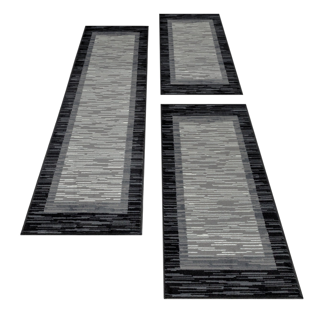 Teppich Läufer Set Schlafzimmer Kurzflor Weich Bettumrandung Grau Bordüre